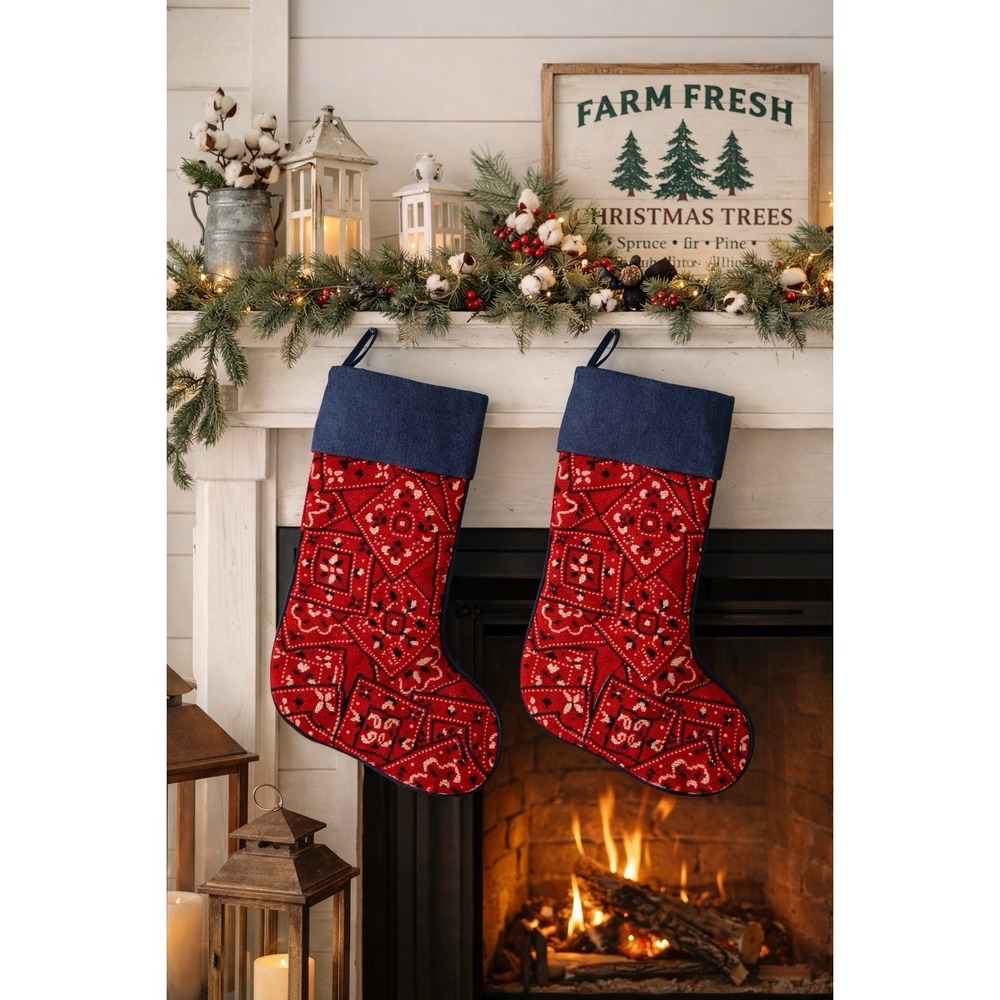 Vintage Needlepoint Christmas Stocking Wool Red Bandana Denim Large Set Of 2